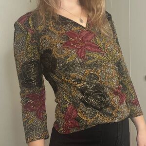 Vintage metallic floral print wrap top